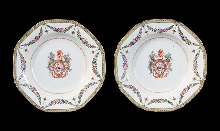 GG: Pair of Chinese pseudoarmorial porcelain soup plates